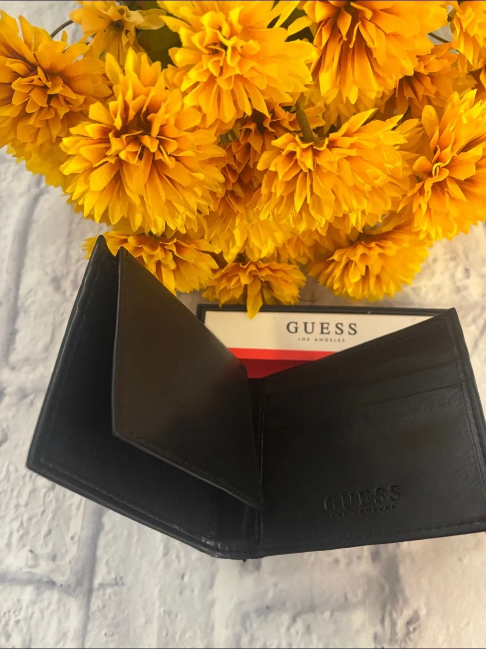 GUESS Black Men's Leather Card Wallet with Metal Crest